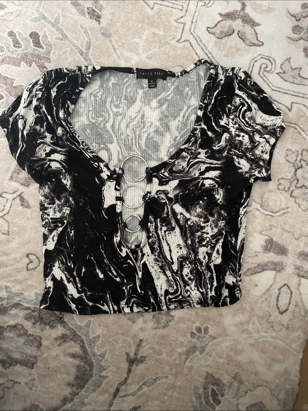 Faded Rose Black & White Marble Ring-Front Crop Top